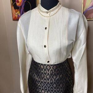 Allison Taylor Cream and Black Button Down Shirt with Pleated Bib